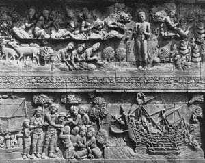 Borobudur templom domborműve, Bodhisattva fürdőzése (kő)