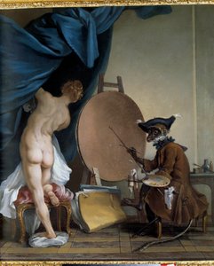 A majomfestő. Olaj, vászon, 0,89 x 0,62 m. - A festőmajom. Jean Baptiste Deshays festménye (1729-1765)