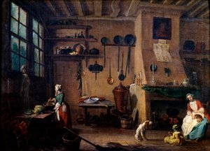 Konyhabelső a 18. században. Egy szakács készíti az ételt. A háttérben a fal mentén lógó konyhai eszközöket látjuk. Jean Baptiste Lallemand (1710-1803) festménye, 18. századi Dijon, Szépművészeti Múzeum