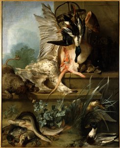Stillleben mit einem Spaniel, der Enten jagt ("Wasser")