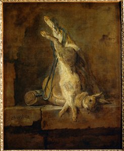 Lapin de Garenne mort avec une gibeciere et une poire a poudre - halott nyúl vadászzsákkal és porflaskával ...