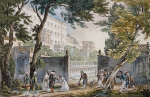 Galáns jelenet a római villa bejáratánál, 1820 körül, Jean-Baptiste Thomas metszete (1791.1833) alkotó: Jean Baptiste Thomas