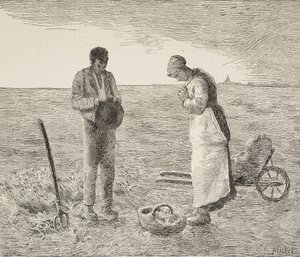 Angelus, földműves házaspár, metszet Jean-Francois Millet (1814-1875) francia festő festményéből, L