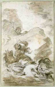 Angelica eléri a partot, ahol a remete várakozik (kréta, toll, tinta és mosás papíron) alkotó: Jean Honore Fragonard