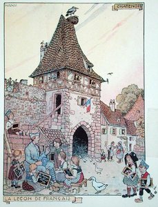 Egy francia katona franciául tanít elzászi gyerekeket, akik ismét francia állampolgárok lettek, illusztráció a 