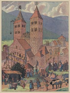 Murbach apátság építése Guebwiller közelében, Elzászban (színes litho)