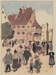Német turisták egy elzászi faluban (színes litho)