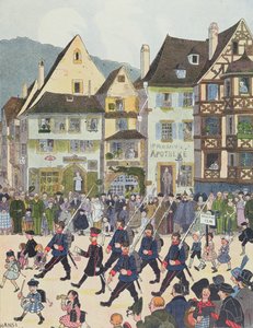 Herr Forstner katonáival elhagyja Saverne-t, miután 1913-ban csokoládét vásárolt, illusztráció a "Histoire d