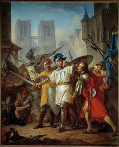Százéves háború: „” A francia hadsereg bevonulása Párizsba, 1436. április 13.”. A franciák üldözik az angolokat. Jean Simon Berthélemy (1743-1811) festménye. 1787 V. 2,62x3,83 m Versailles-i Palota és a Trianon Múzeuma – Százéves háború: Belépés