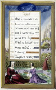 Április: Hölgyek a kertben (Taurus) – fakszimile a Bretagne-i Anna óráiról, Jean Bourdichon alkotó: Jean (after) Bourdichon