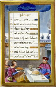 Február: Étkezési jelenet (hal) – a Bretagne-i Anna óráinak fakszimile, Jean Bourdichon alkotó: Jean (after) Bourdichon