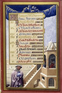 Január: Ház télen (Vízöntő) – a Bretagne-i Anna óráinak fakszimile, Jean Bourdichon alkotó: Jean (after) Bourdichon