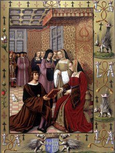 Jean Marot felajánlja Le Voyage de Genes című könyvét Bretagne-i Anna királynőnek Jean Bourdichon illuminációja után, 1508 körül.