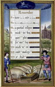 November és a nyilas jegye: sertéstenyésztés - fakszimile Anne de Bretagne óráiról, Jean Bourdichon