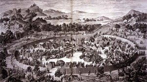 Tchao-Hoei a Yerechim falai alatti táborában 1759 júliusában átveszi a város és a tartomány lakóinak hódolatát, a Qianlong kínai császár hódításait ábrázoló nyomatsorozat 4. táblája, amelyet Pierre Philippe Cho metszett. alkotó: Jean (d.1781) (after) Damascene