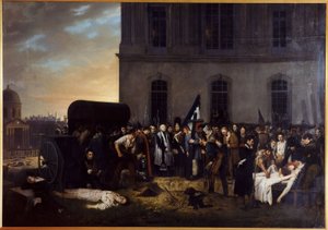 A júliusi áldozatok ideiglenes temetése a Louvre oszlopsor előtt
