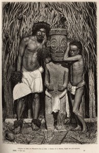 Hiva-Oa (Hiva Oa) sziget lakója és fia, a Marquesas-szigetek szigetvilágában, Tiki istent ábrázoló faragott fából készült bálványt körülvéve, A.Rixens Csendes-óceáni emlékeit illusztráló rajza után vésve, 1872-1874, írta