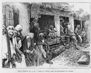 Bazár Bahreinben, Csádban. A.Rixens metszete az A Suse, journal des excavilles című történet illusztrálására