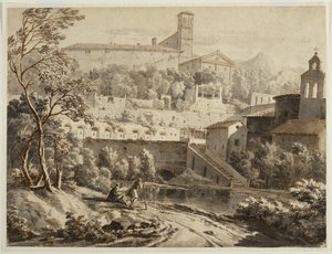 Egy művész vázlatot rajzol a folyóparton, egy olasz város alatt, 1780 körül (tinta és mosás lerakott papíron, fekete kréta nyomai) alkotó: Jean Antoine Constantin