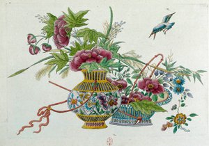 Virágok egy vázában. A rajz egy kínai vázából származik. Jean Antoine Fraisse festménye (XVIII. század)