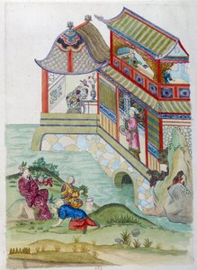 Ház a folyón. A rajz egy kínai vázából származik. Jean Antoine Fraisse festménye (XVIII. század)