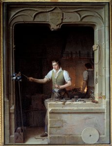 Egy lakatos megpróbálja elharapni az aktáját egy szajkónak Illusztráció Jean de La Fontaine meséihez. Jean Antoine Laurent (1763-1832) festménye 1829 V. 0,86x0,65 m - Lakatos, aki szajkót szeretne megharapni a fémreszelőjébe. Illusztráció Jean de La Fontai