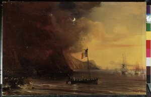 ""I. Napóleon holttestének hazaszállítása Franciaországba Sainte-Helene (Sainte Helene) szigetéről 1840 decemberében a La Belle Poule fedélzetén" (Szállítás a Napóleon holttestével úton a Sainte Helena-szigetről vissza Franciaországba 1840) Theod festménye