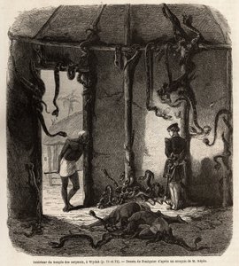 A fetiches kígyók templomában, Wydah-ban, Dahomeyben (a mai Beninben), Jean Antoine Foulquier (1822-1896) rajza Dr. Repin 1860-as Dahomey-i utazásának illusztrálására. Metszet a „” Le tour du monde”-ban ”, szerkesztette Edouard Charton
