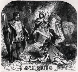 St. Louis egy tölgy alatt szolgáltat igazságot Vincennes-ben, a „Histoire de France en Tableaux”-ból, Pannemaker metszet (metszet) (f/w fotó)
