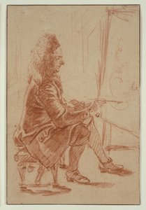 Egy parókás festő (valószínűleg Claude Audran), aki a festőállványánál ül, profilból nézve. alkotó: Jean Antoine Watteau