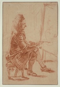Egy parókás festő (valószínűleg Claude Audran), 1709 körül (vörös kréta, bordó papírra, krémszínű kartonra fektetve) alkotó: Jean Antoine Watteau