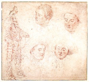 Egy karakter és négy fej (piros kréta papíron) alkotó: Jean Antoine Watteau