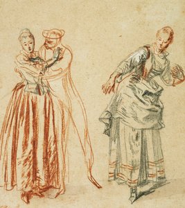 Jelenet a commedia dell"arte-ből: Egy lány, aki ellenáll egy komikus előrelépésének, és egy színésznő, aki lépést hajt végre, 1718 körül alkotó: Jean Antoine Watteau