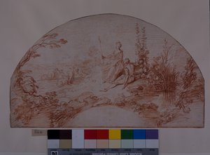 Egy pásztorlány ül a hattyújával (piros kréta fehér papíron) alkotó: Jean Antoine Watteau