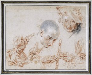 Guggoló gyermek, két férfi fej, az egyik svájcisapkát visel, egy felvevő-lejátszó karjai és kezei alkotó: Jean Antoine Watteau