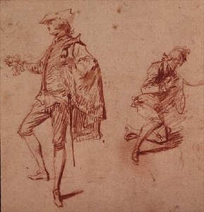 Rajz egy álló fiatalemberről és egy másik térdelőről (krétapapír) alkotó: Jean Antoine Watteau
