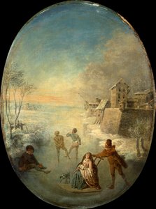 Gentlefolk a jégen egy fallal körülvett város mellett télen (olaj) alkotó: Jean Antoine Watteau