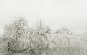 Ház egy meredek szikla szélén (piros kréta papíron) alkotó: Jean Antoine Watteau