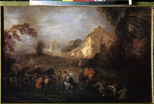A háború terhe. Jean Antoine Watteau (1684-1721) festménye. Olaj, réz, 21,5 x 33,5 cm, 1713 körül. Francia művészet, rokokó művészet. Ermitázs Múzeum, Szentpétervár. alkotó: Jean Antoine Watteau