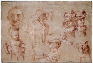 Pierrot maszkja, öt lány mellszobra, egy férfi kendő és egy női arc. Jean Antoine Watteau (1684-1721) véres és krétás sövény rajza 18. századi nap. 0,27x0,4 m Párizs, Musee du Louvre alkotó: Jean Antoine Watteau