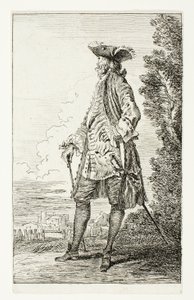 Álló férfi kalapos, balra néző, a Figures de Modes-ból alkotó: Jean Antoine Watteau