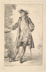 Álló férfi, jobb kezével egy medencén nyugszik, háromnegyedes nézetben..., kb. 1710. alkotó: Jean Antoine Watteau