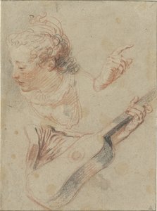 Tanulmányi lap lehajtott lányfejjel, gitárral és a rajtuk játszó kezekkel alkotó: Jean Antoine Watteau