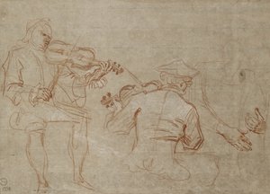 Tanulmány két hegedűsről és egy pár kézről, karban tartva (piros és fehér kréta a papíron) alkotó: Jean Antoine Watteau
