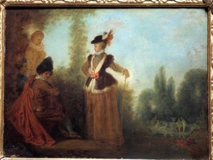 A kalandor Stílusos fiatal nő utazási öltözékben. Jean Antoine Watteau (1684-1721) festménye 18. századi Troyes musee des Beaux Arts alkotó: Jean Antoine Watteau