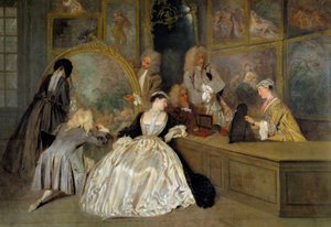 A választás. Gersaint jelének jobb részlete. Karakterek egy művészeti boltban, akik kiválasztják a megvásárolni kívánt műveket. Edme Francois Gersaint (1694-1750), festménykereskedő, akinek galériája Párizsban, a Notre-Dame hídon található. Jean Antoine Wa alkotó: Jean Antoine Watteau