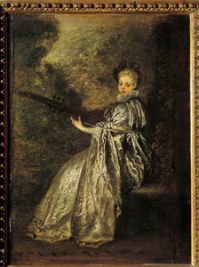 A finom lány egy vonós hangszeren játszik. Jean Antoine Watteau (1684-1721) festménye 18. század V. 0,25x0,19 m alkotó: Jean Antoine Watteau