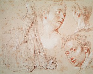 Három fej és egy ülő nő, 1716 körül (papírkréta fekete-piros krétával) alkotó: Jean Antoine Watteau