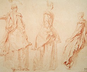 Három nő, egy ül a jobb oldalon (piros kréta papíron) alkotó: Jean Antoine Watteau