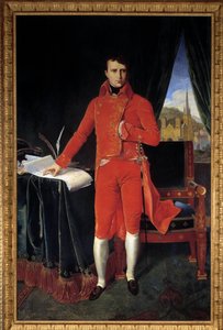 Bonaparte Napóleon (1769-1821) egészalakos portréja Joseph Pel első konzul festménye Jean-Auguste-Dominique Ingres (Jean Auguste Dominique) (1780-1867) nyomán 1929 V. 1,2x2,2 m. Malmaison, Kastélymúzeum Figyelem! Ennek a műnek a felhasználása tárgya lehet
